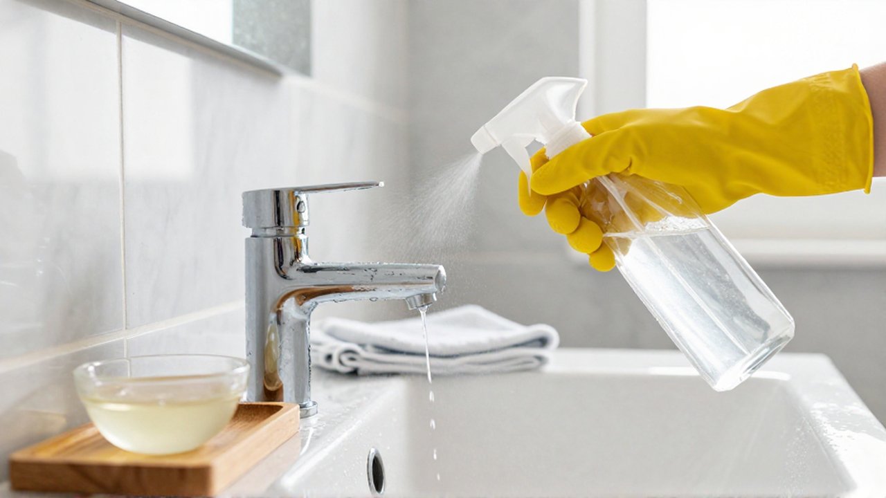Manos con guantes amarillos rocían un grifo de cromo con un spray en un baño luminoso.