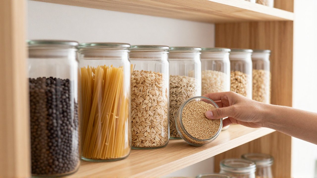 Manos colocando un frasco de quinoa en una estantería de madera con diversos granos organizados.