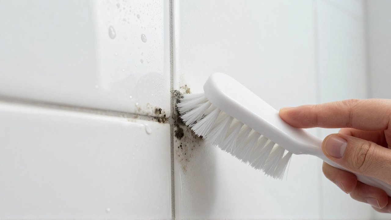 Un cepillo blanco frota con fuerza el moho oscuro de las juntas de un azulejo.