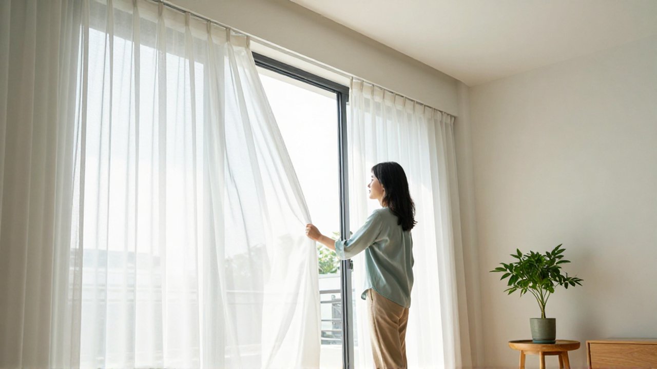 Una persona abre una ventana en una sala luminosa para ventilar el ambiente.