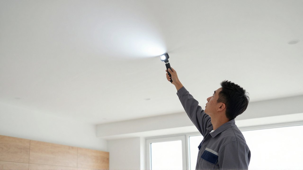 Un trabajador con uniforme inspecciona un techo blanco recién terminado usando una linterna en una vivienda moderna.