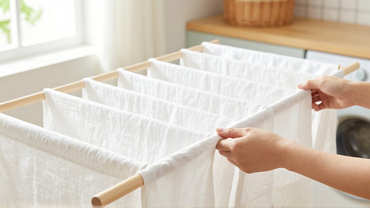 Manos colgando camisas de lino blanco impecable en un tendedero de madera bajo la luz solar.