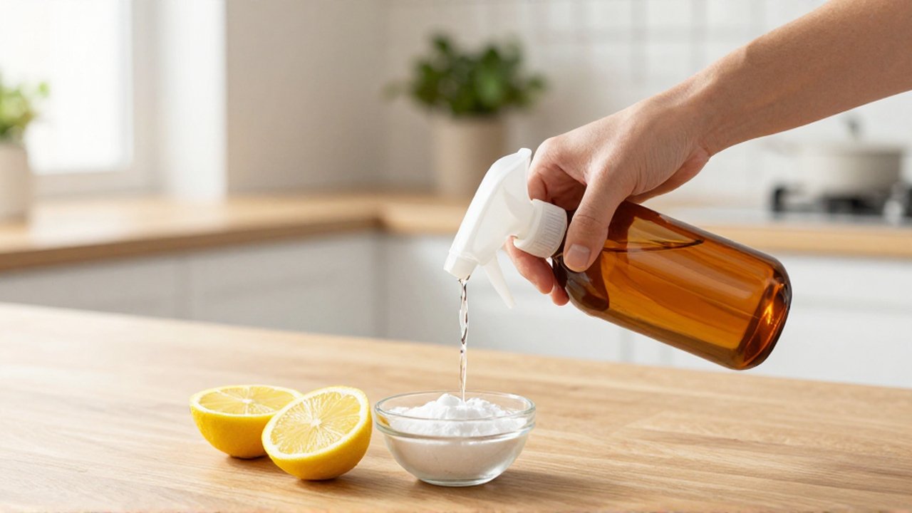Manos vertiendo un líquido transparente en un frasco de spray sobre una encimera de madera.