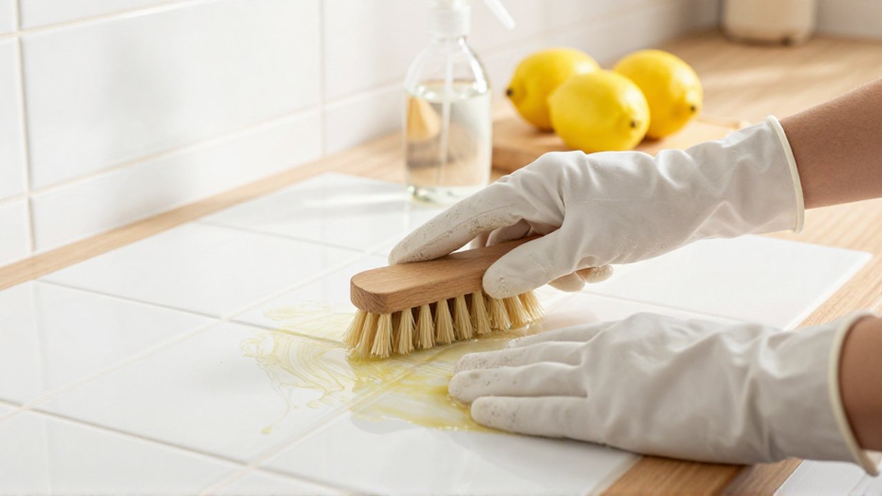 Manos con guantes de algodón frotan un protector de cocina con un cepillo de madera.
