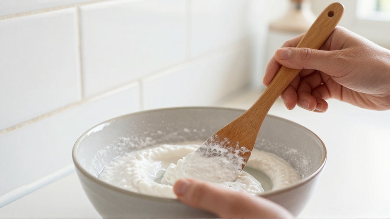 Manos mezclando bicarbonato y agua en un cuenco para crear una pasta de limpieza casera.