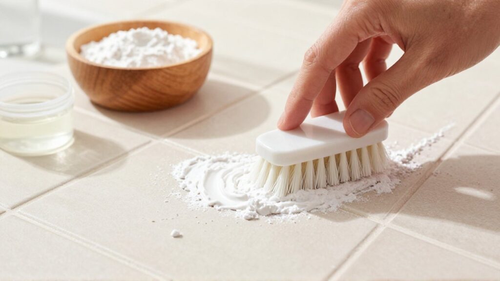 Una mano frota con un cepillo una pasta de bicarbonato sobre las juntas de baldosas beige.