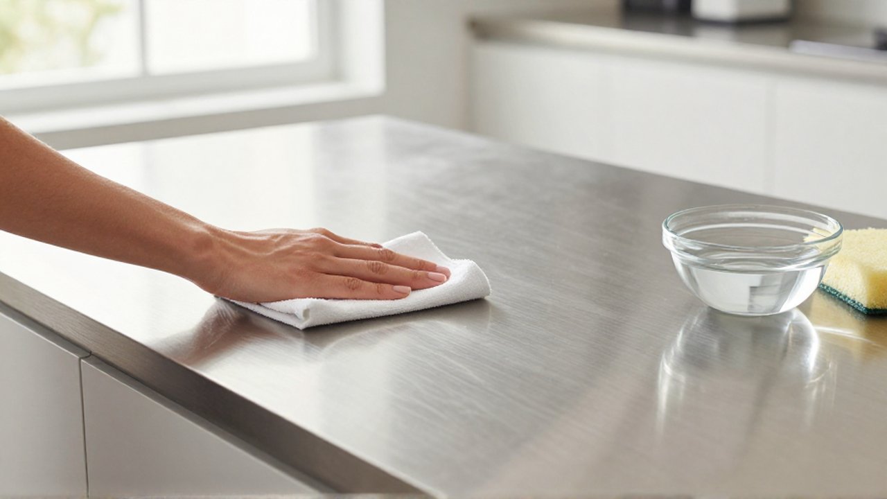 Manos limpiando con un paño de microfibra una encimera de aluminio cepillado en una cocina moderna.