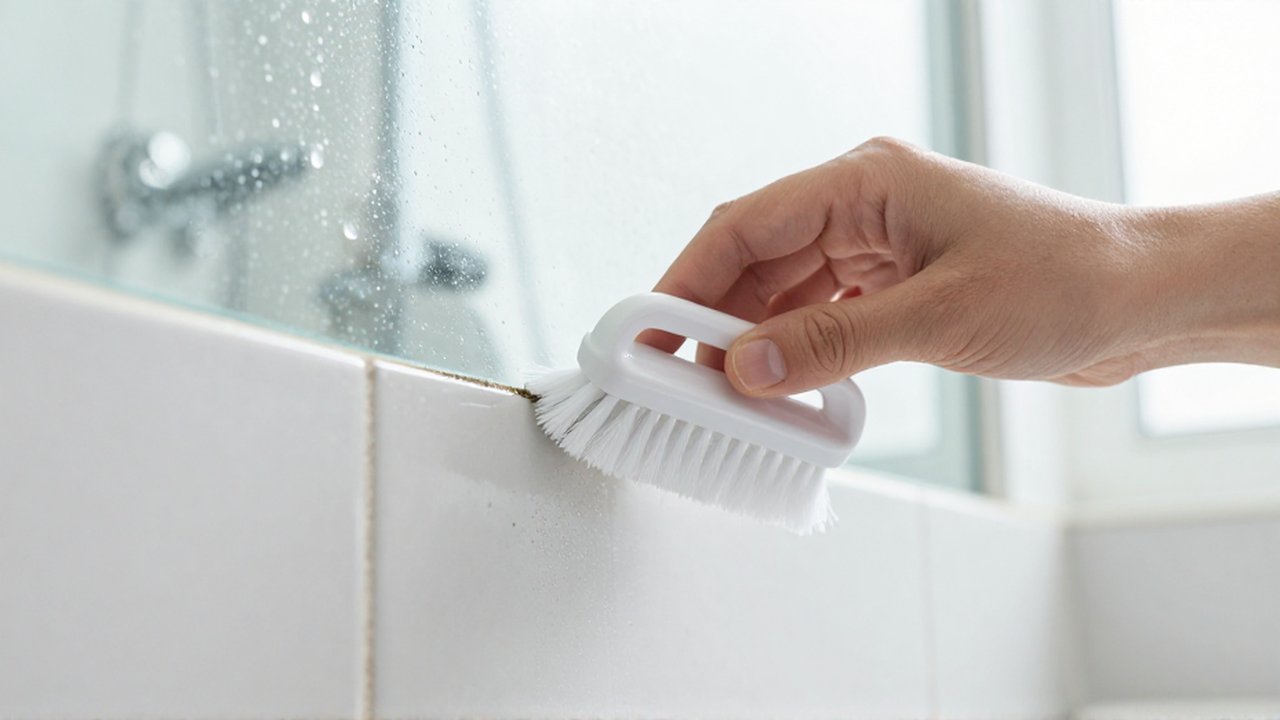Una mano limpia meticulosamente la junta de unos azulejos blancos con un pequeño cepillo.