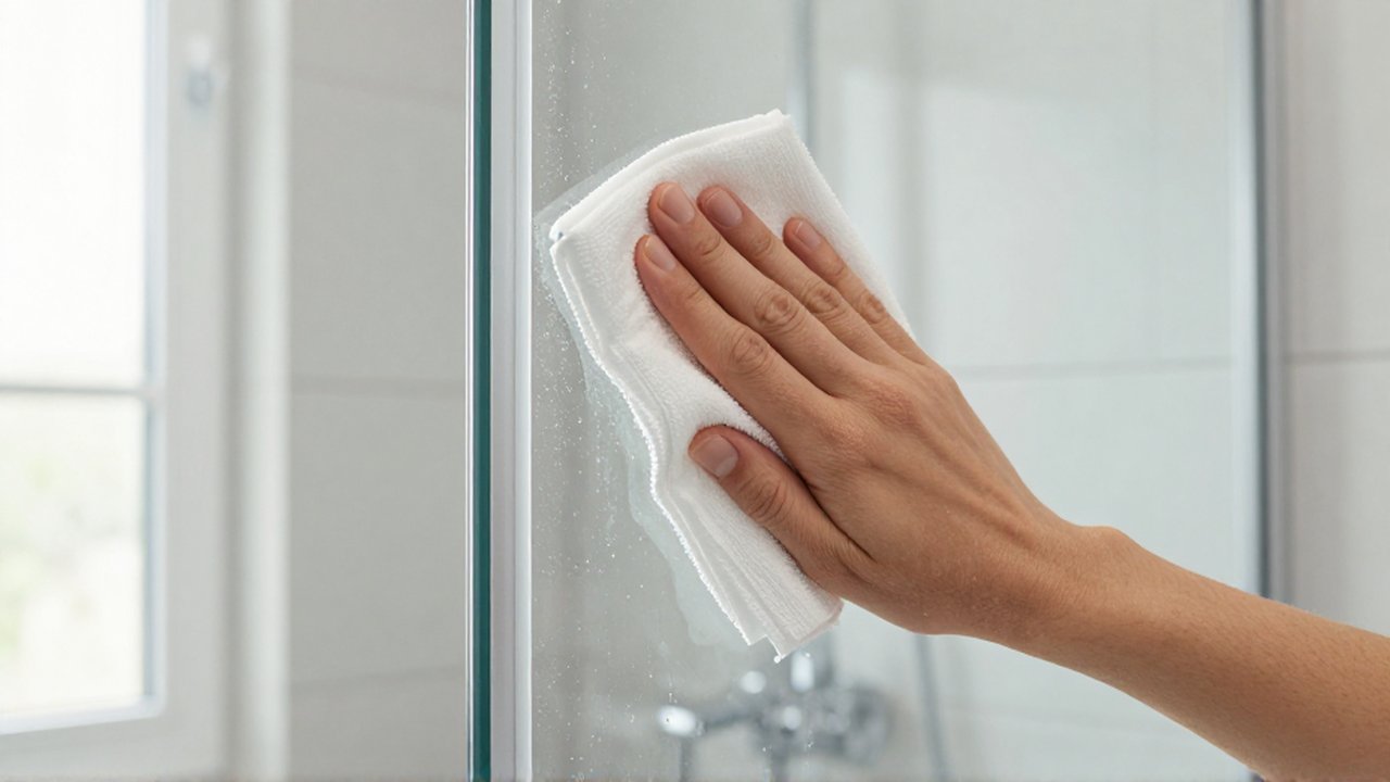 Una mano limpia con un paño de microfibra la junta de silicona blanca de una mampara de ducha.