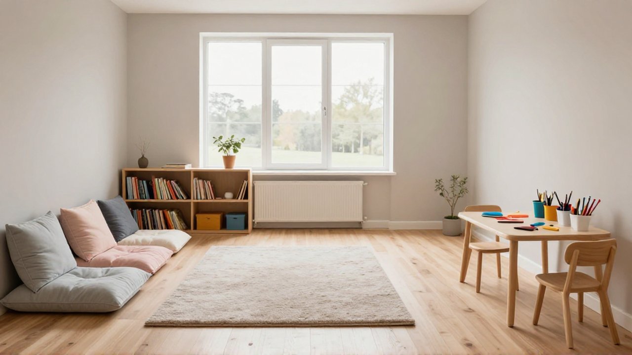 Cuarto de juegos infantil luminoso y ordenado con zonas de lectura, arte y juego central.