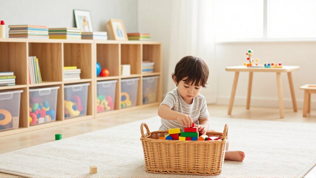 Un niño guarda bloques de madera de colores en una cesta en un cuarto de juegos ordenado.