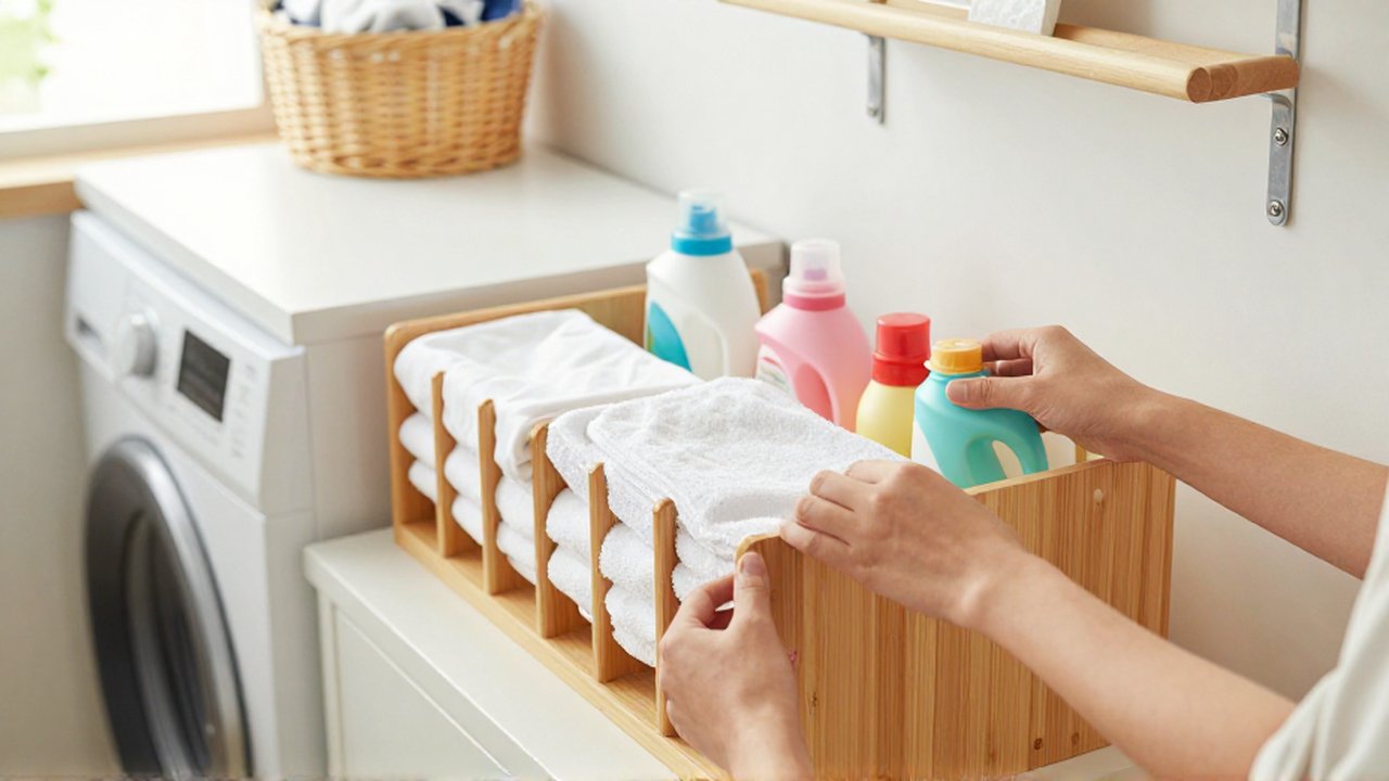 Manos de una persona organizando toallas blancas y detergentes en un módulo de bambú.