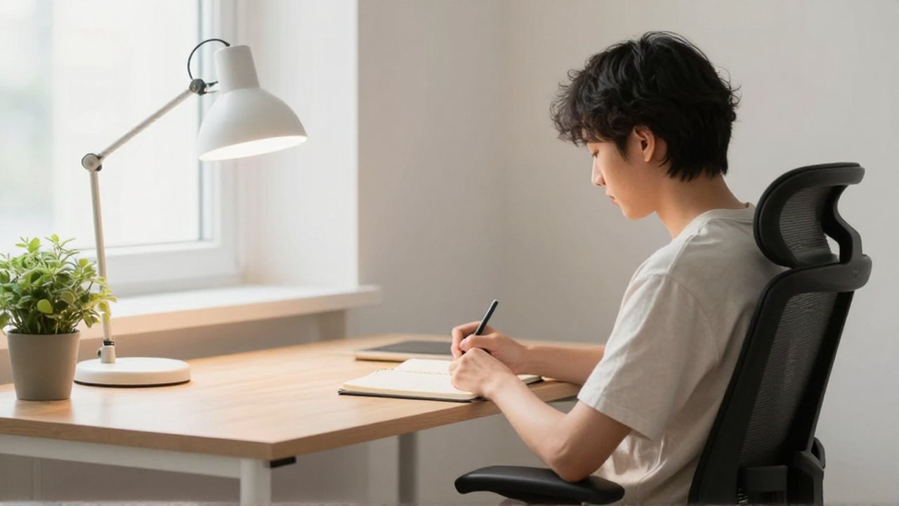 Persona sentada en un escritorio minimalista y ordenado escribiendo en un cuaderno con luz natural.