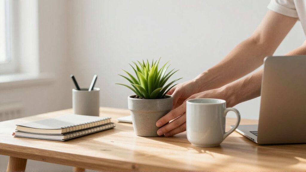 Manos colocando una planta y una taza sobre un escritorio de madera ordenado y luminoso.