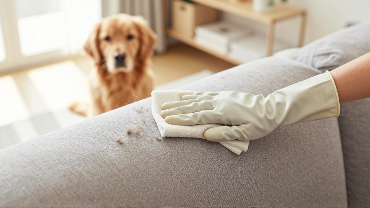 Manos con guantes de goma recogen pelos de mascota de un sofá gris en una sala luminosa.