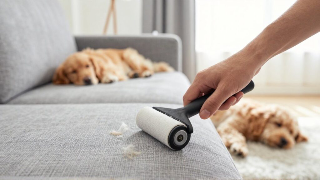 Una mano utiliza un rodillo de goma para quitar pelos de perro de un sofá gris.