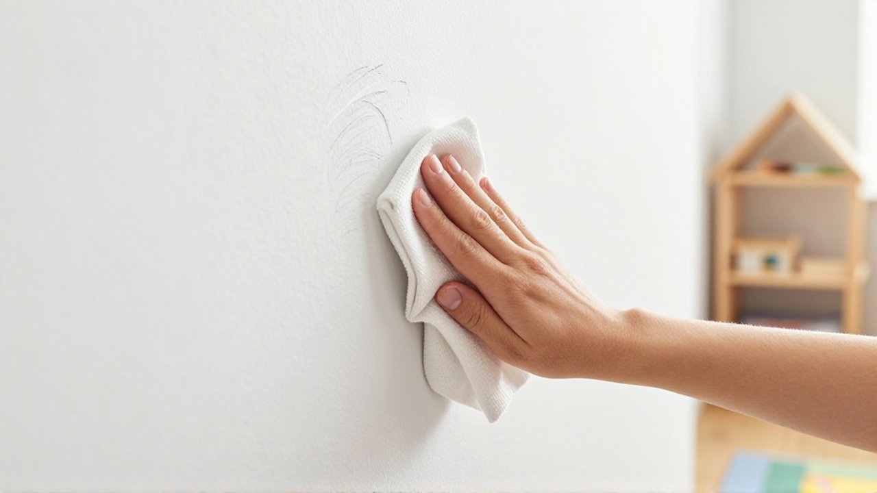 Una mano limpia con un paño húmedo un garabato de lápiz en la pared de un cuarto infantil.