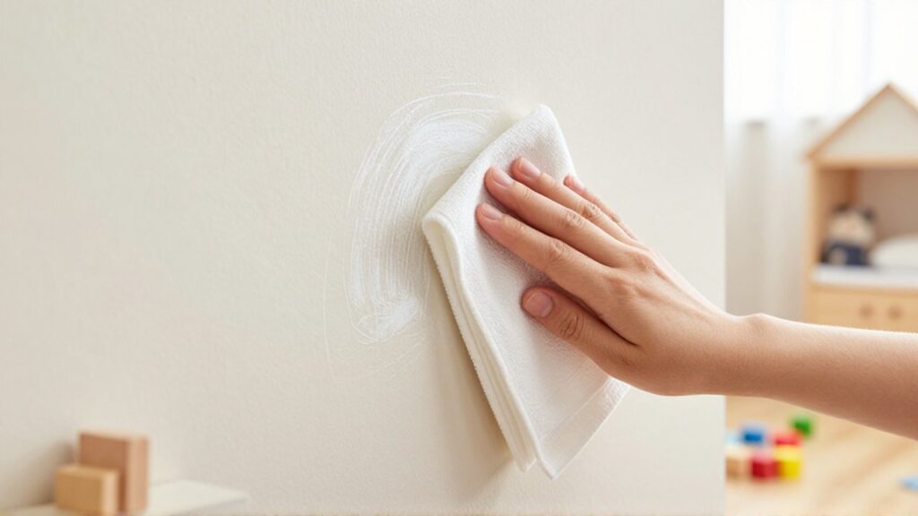 Una mano limpia con un paño blanco marcas de lápiz sobre una pared beige.
