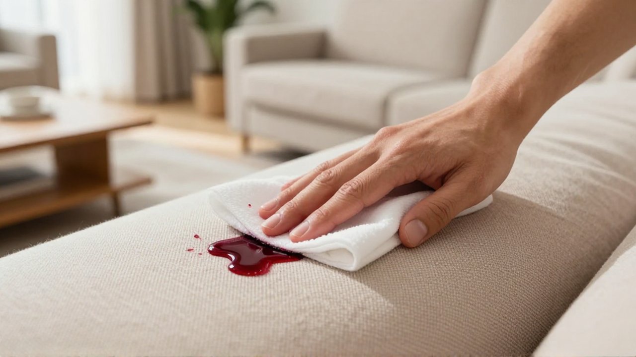 Una mano seca con un paño blanco una mancha de vino tinto sobre un sofá beige.