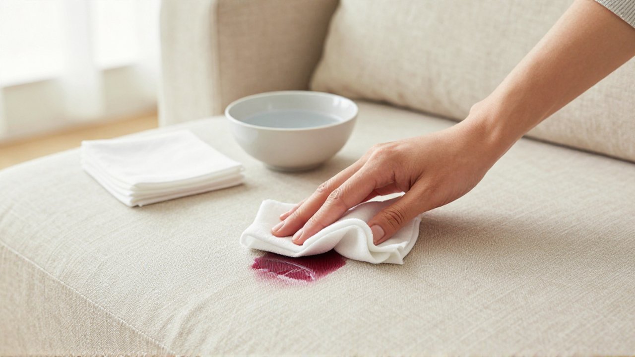Una mano absorbe con un paño blanco una mancha de vino tinto sobre un sofá beige.
