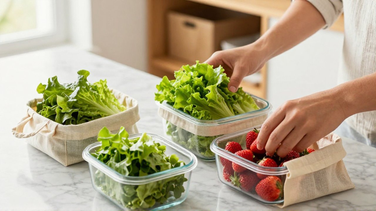 Manos organizando lechuga y fresas en recipientes de vidrio y bolsas de lino sobre un mostrador.