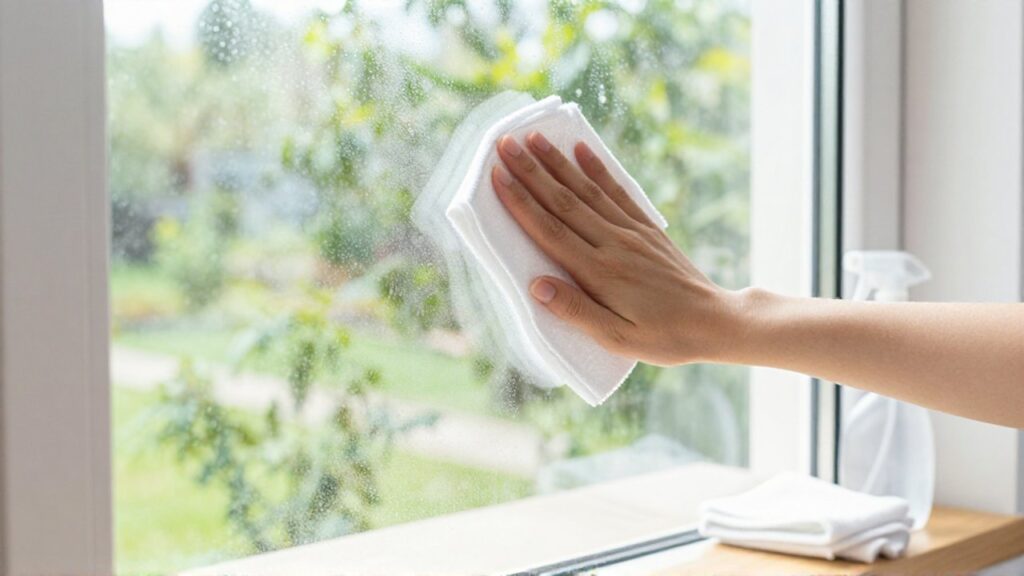 Manos limpiando un gran ventanal transparente con un paño de microfibra en una sala iluminada.