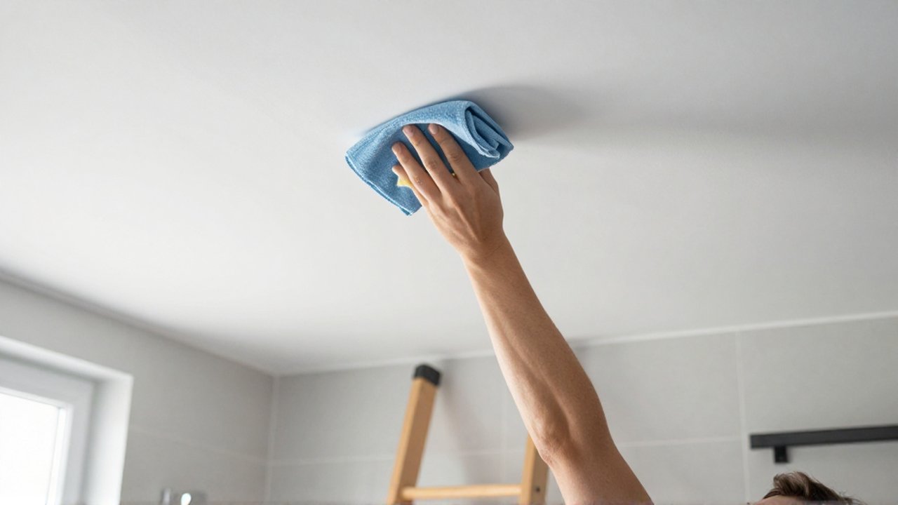 Persona sobre una escalera limpiando con cuidado el techo de un baño moderno y luminoso.