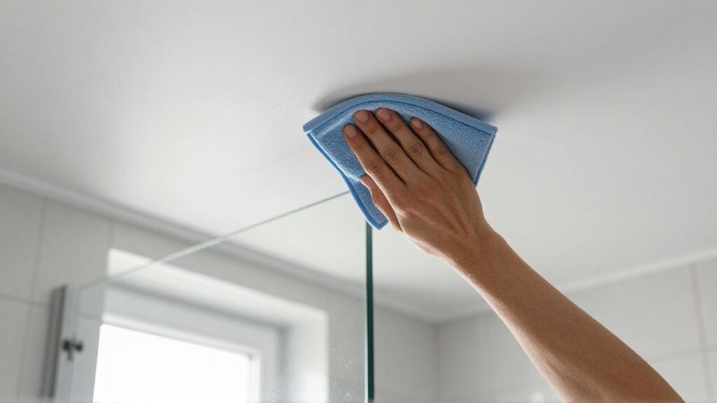Una persona limpia el techo de un baño moderno con un plumero de microfibra.