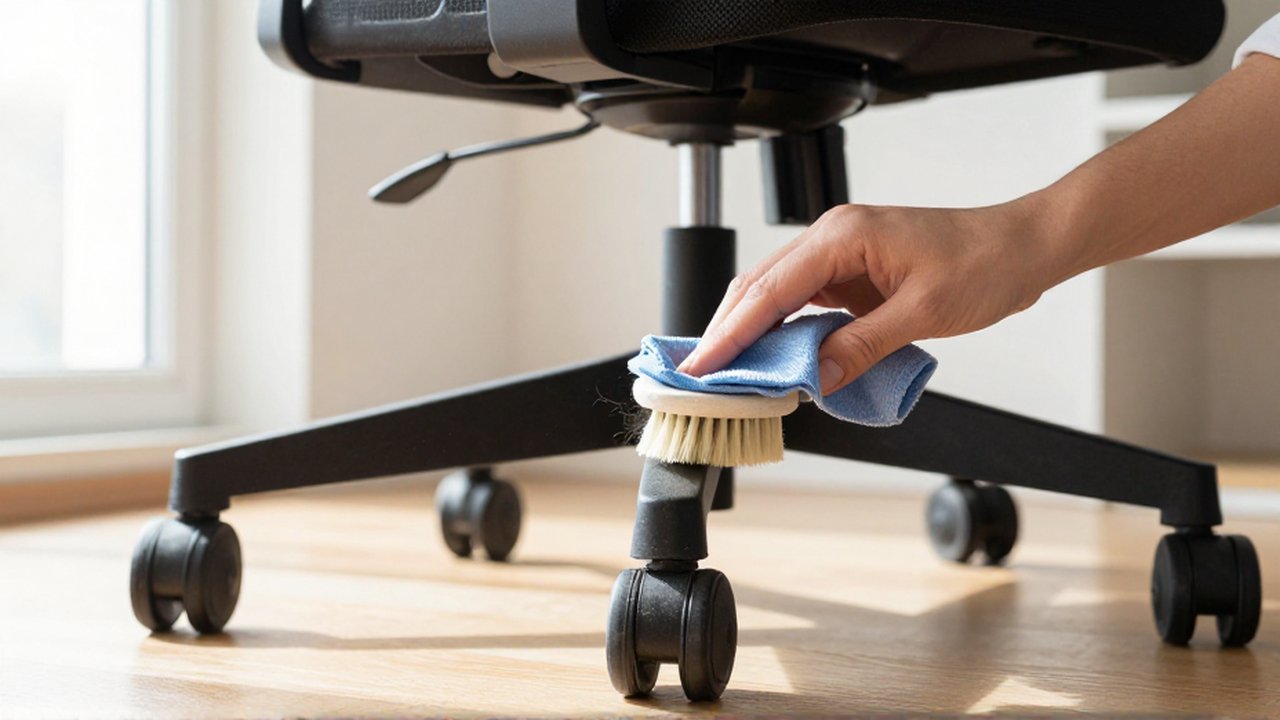 Manos limpiando con un pincel y un paño la base y las ruedas de una silla de oficina.