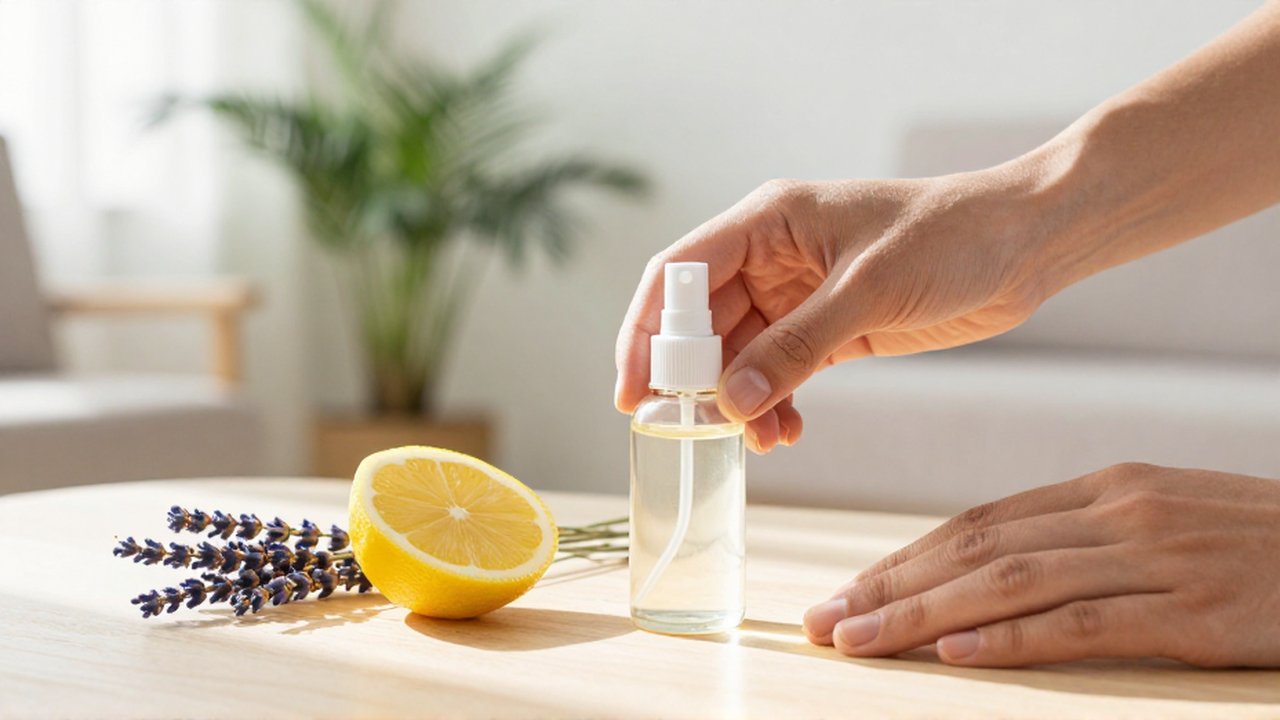 Manos colocando un pequeño frasco de vidrio junto a rodajas de limón y lavanda sobre madera.
