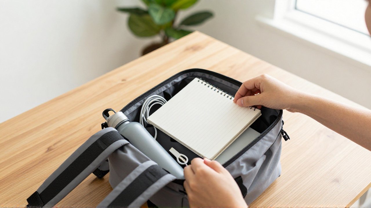Unas manos organizan cuidadosamente el contenido de una mochila sobre una mesa de madera.