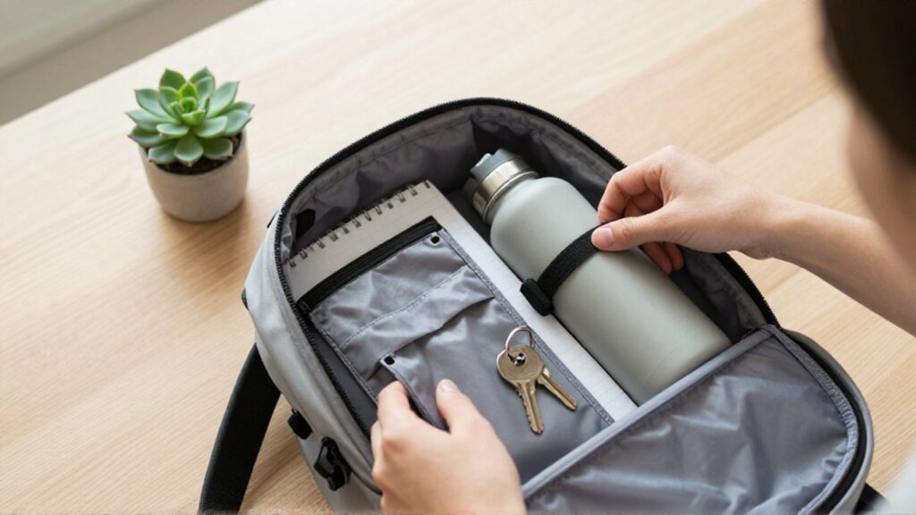 Manos organizando cuidadosamente objetos cotidianos dentro de una mochila abierta sobre una mesa de madera.