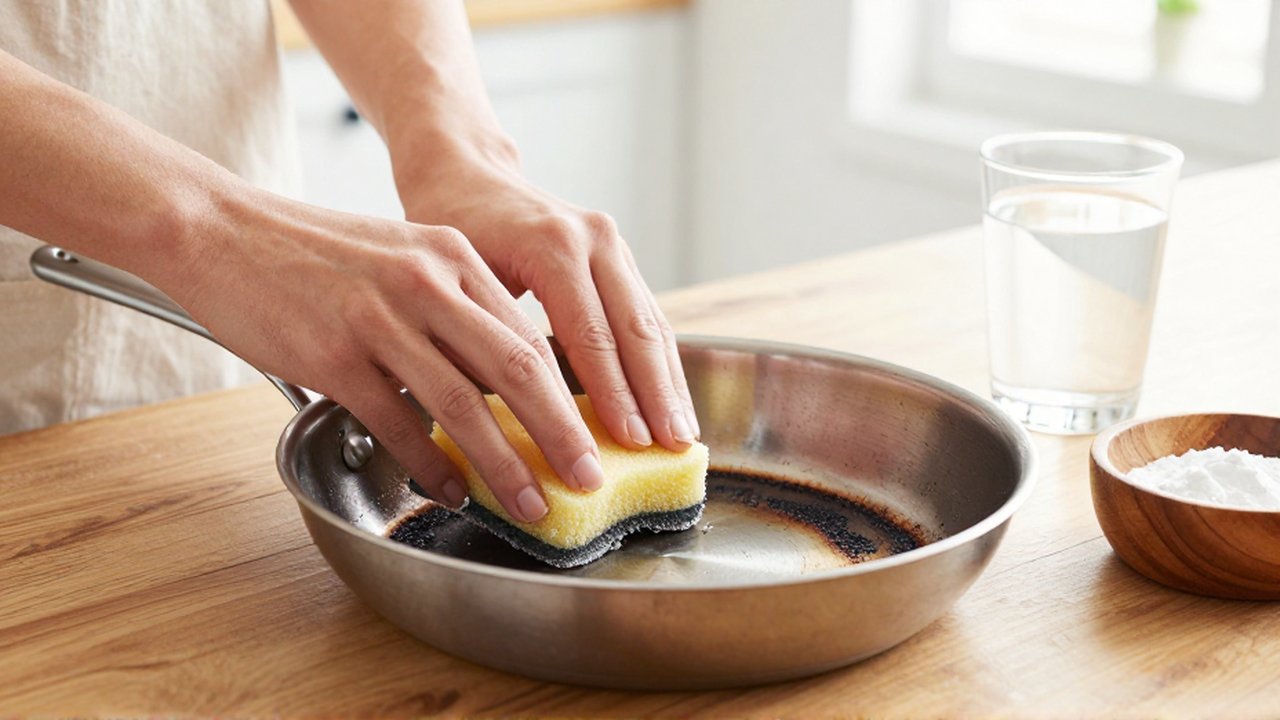 Manos limpiando el fondo quemado de una sartén con una esponja y bicarbonato sobre madera.