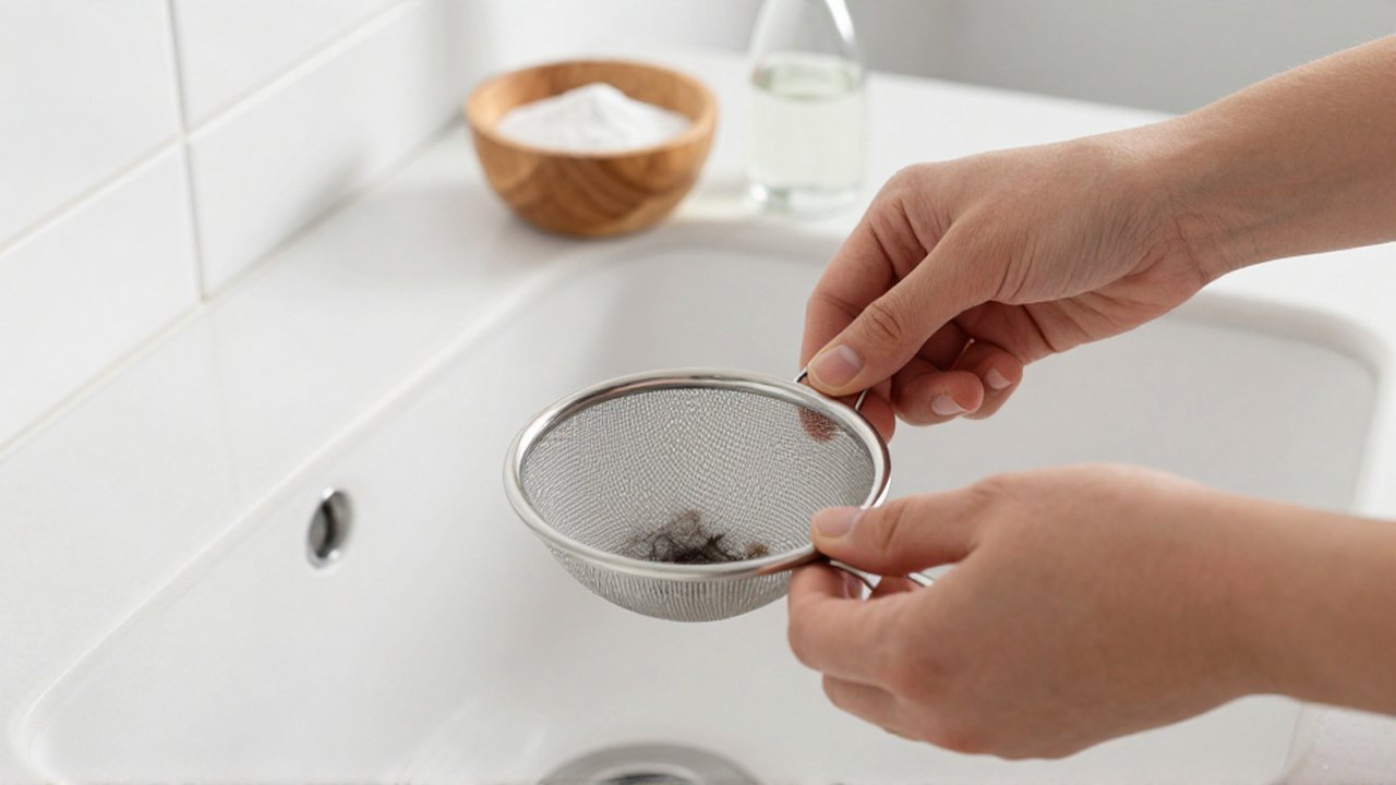 Manos colocando un filtro de acero inoxidable sobre el desagüe de un lavabo moderno.