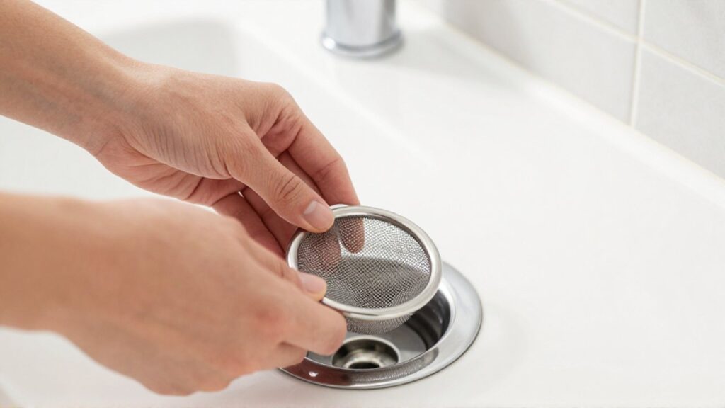 Unas manos colocan un filtro de malla sobre el desagüe cromado de un baño limpio.