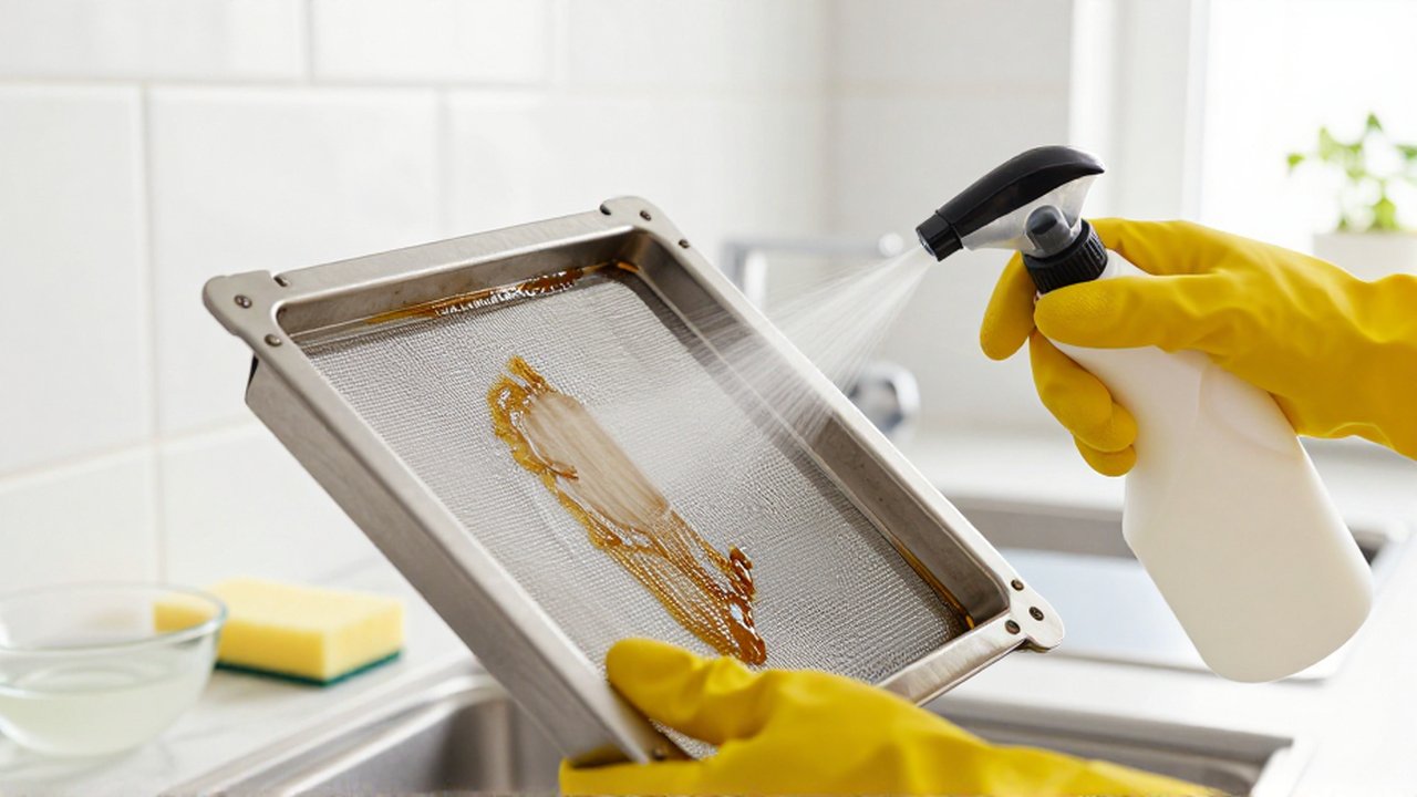 Manos con guantes amarillos rocían desengrasante sobre un filtro metálico de cocina para su limpieza.
