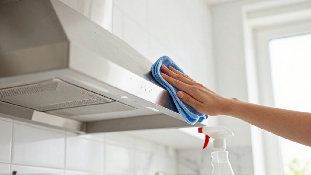 Manos limpiando una campana extractora de acero inoxidable con un paño en una cocina luminosa.