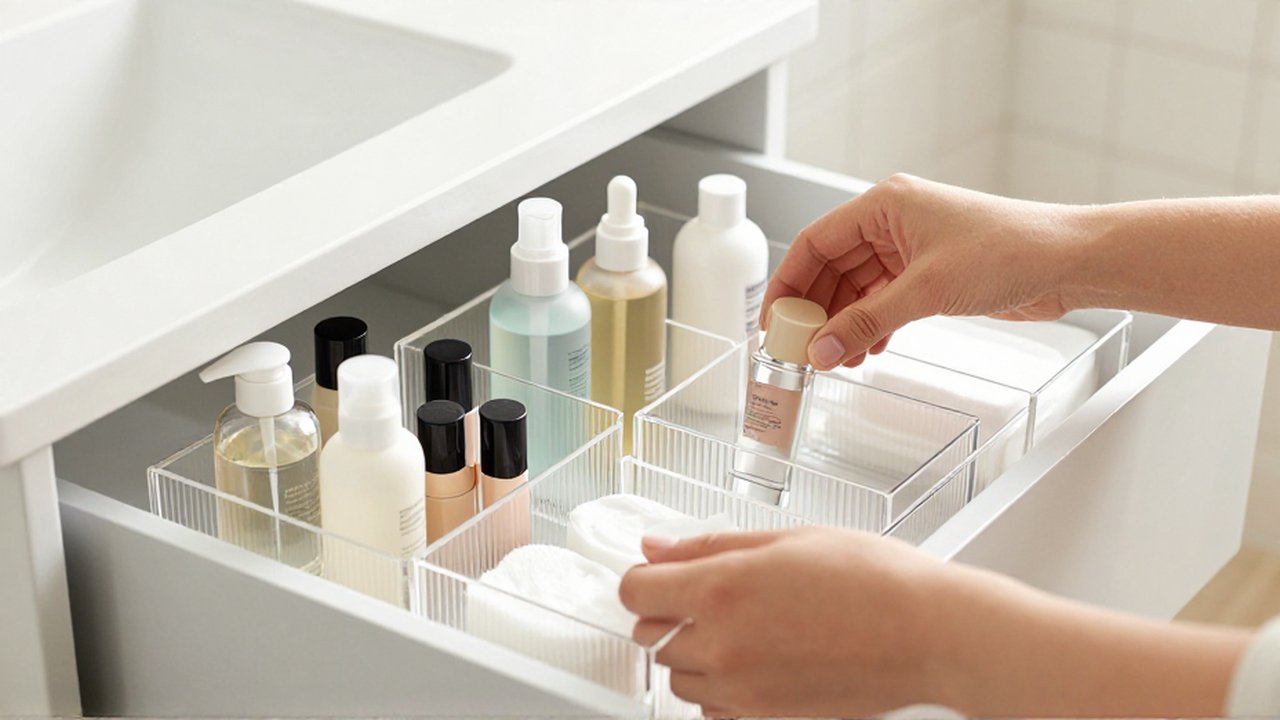 Manos organizando cosméticos y productos de cuidado personal en bandejas acrílicas dentro de un cajón.