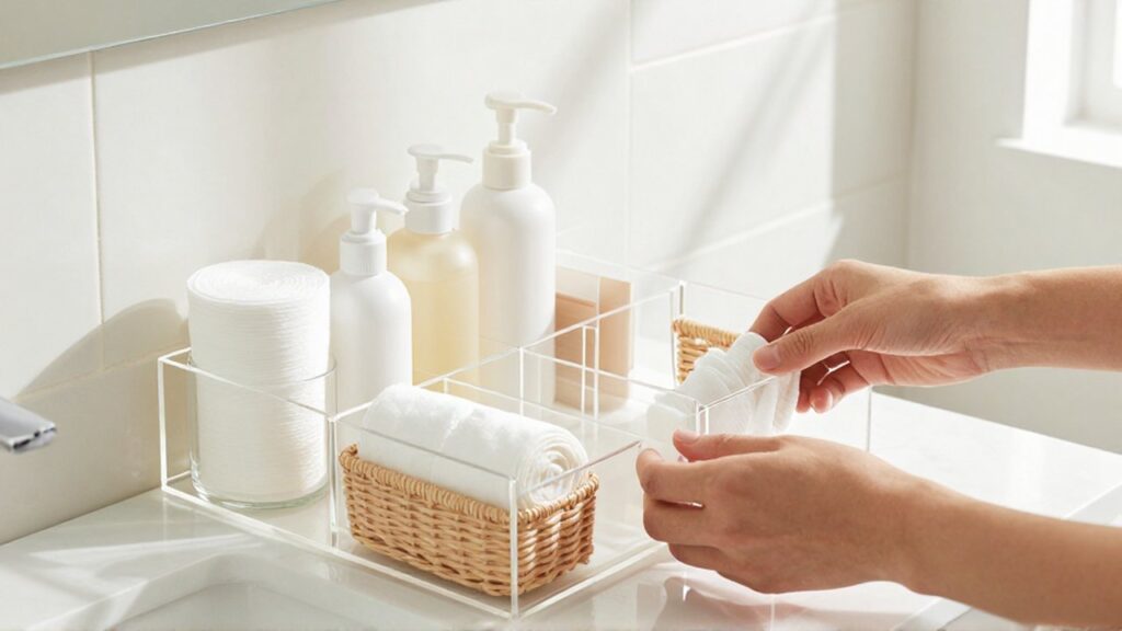Manos organizando productos de cuidado personal en estantes de acrílico sobre un mueble de baño.