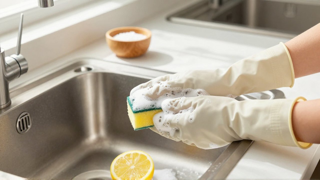 Manos con guantes de goma limpian un fregadero de acero inoxidable con una esponja espumosa.