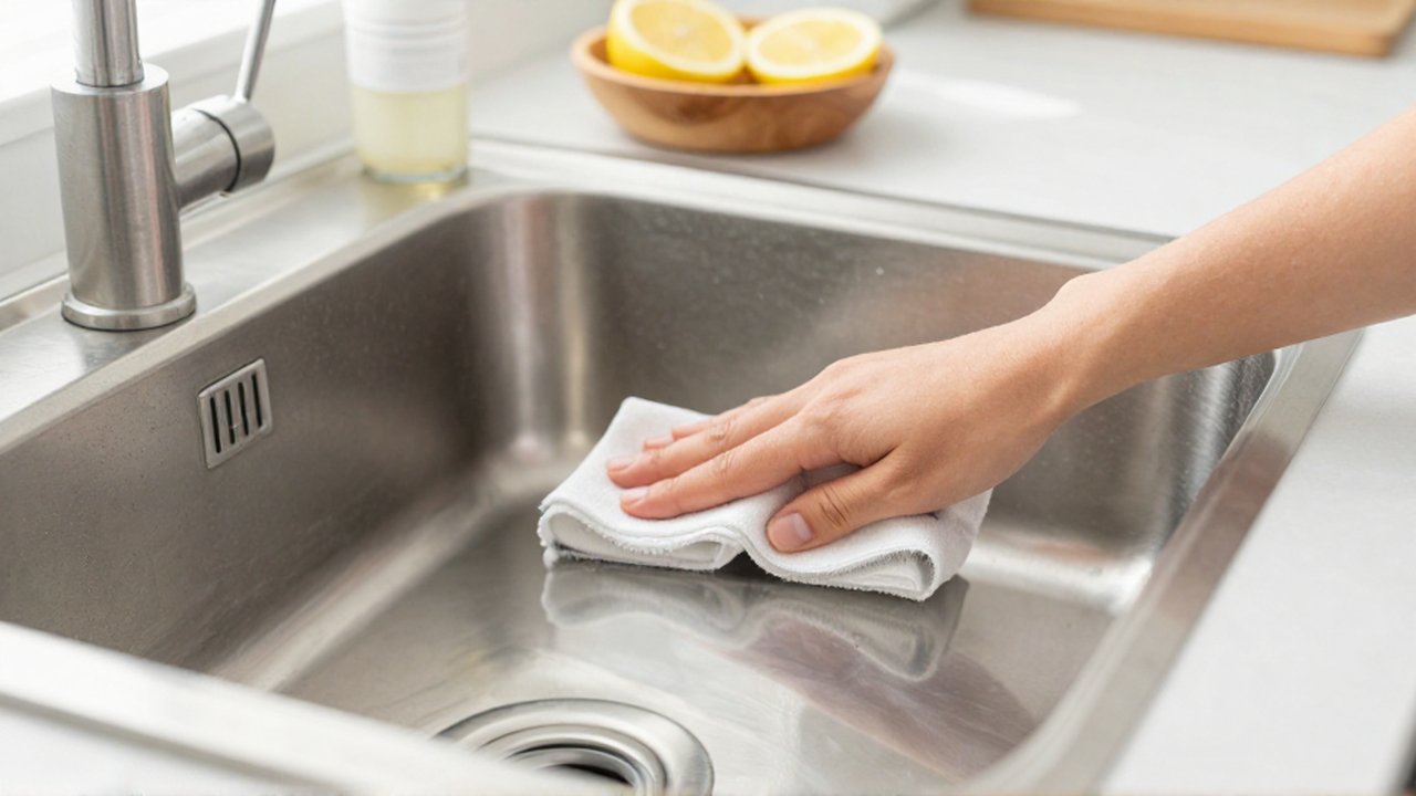 Unas manos pulen con un paño suave un fregadero de acero inoxidable brillante en una cocina limpia.