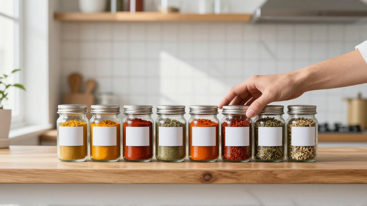 Manos organizando frascos de vidrio con especias coloridas en un estante de madera en una cocina moderna.