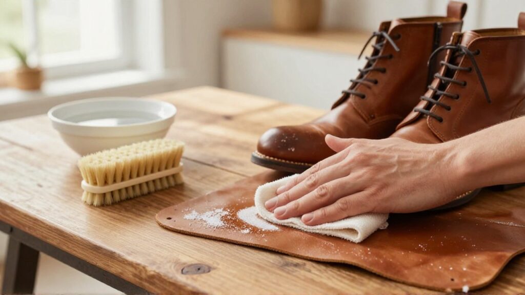 Manos limpiando con un paño suave las manchas de sal de unas botas de cuero sobre madera.