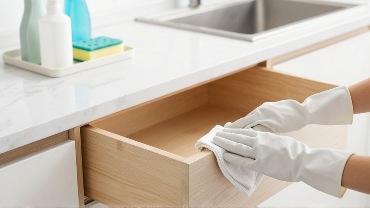Manos con guantes blancos limpian meticulosamente el interior de un cajón de madera en una cocina luminosa.
