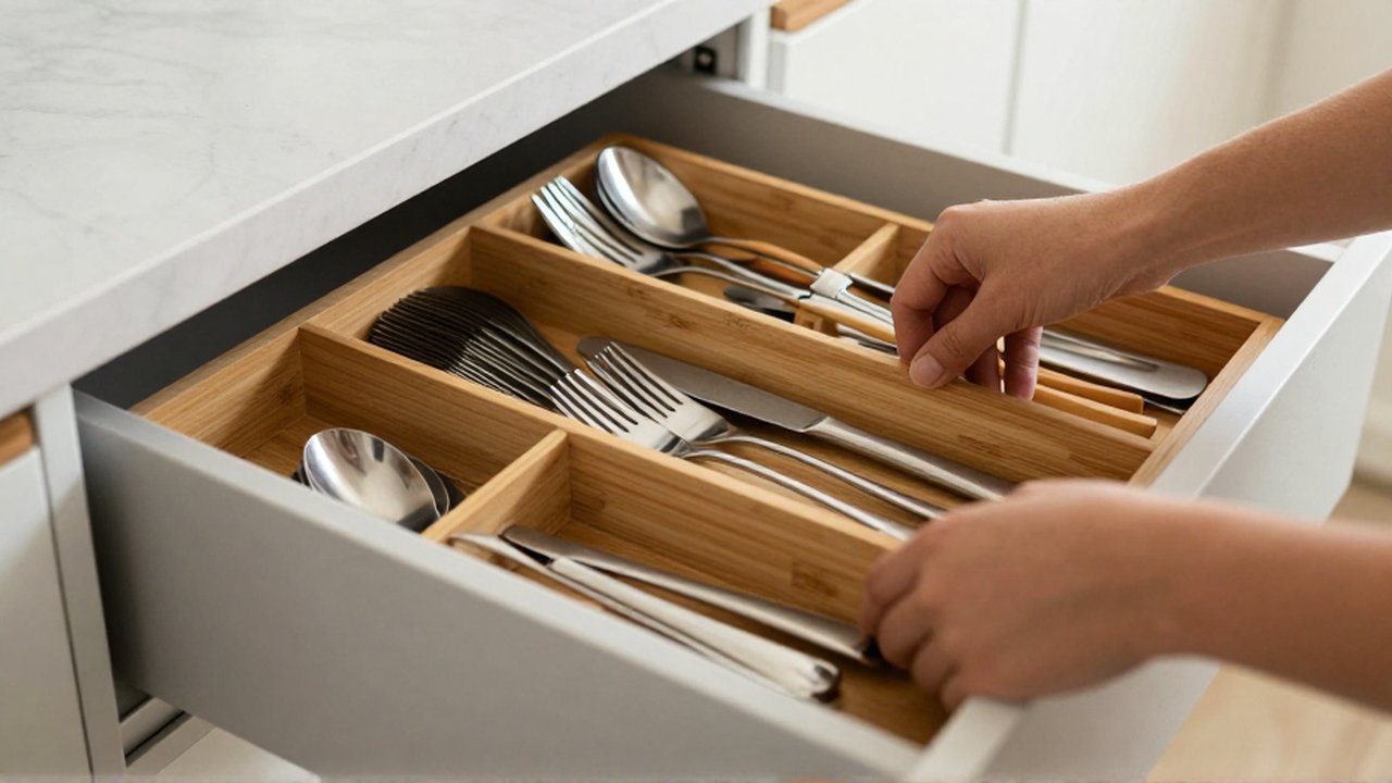 Manos organizando ordenadamente cubiertos de acero y utensilios de madera en un organizador de bambú.