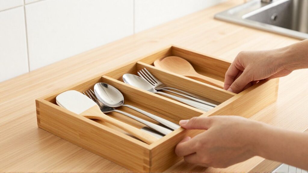 Manos organizando cubiertos de acero y utensilios de madera en un organizador de bambú.