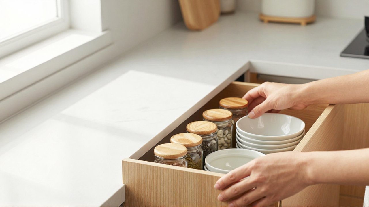 Manos organizando frascos de especias y cuencos de cerámica en una cocina minimalista y luminosa.