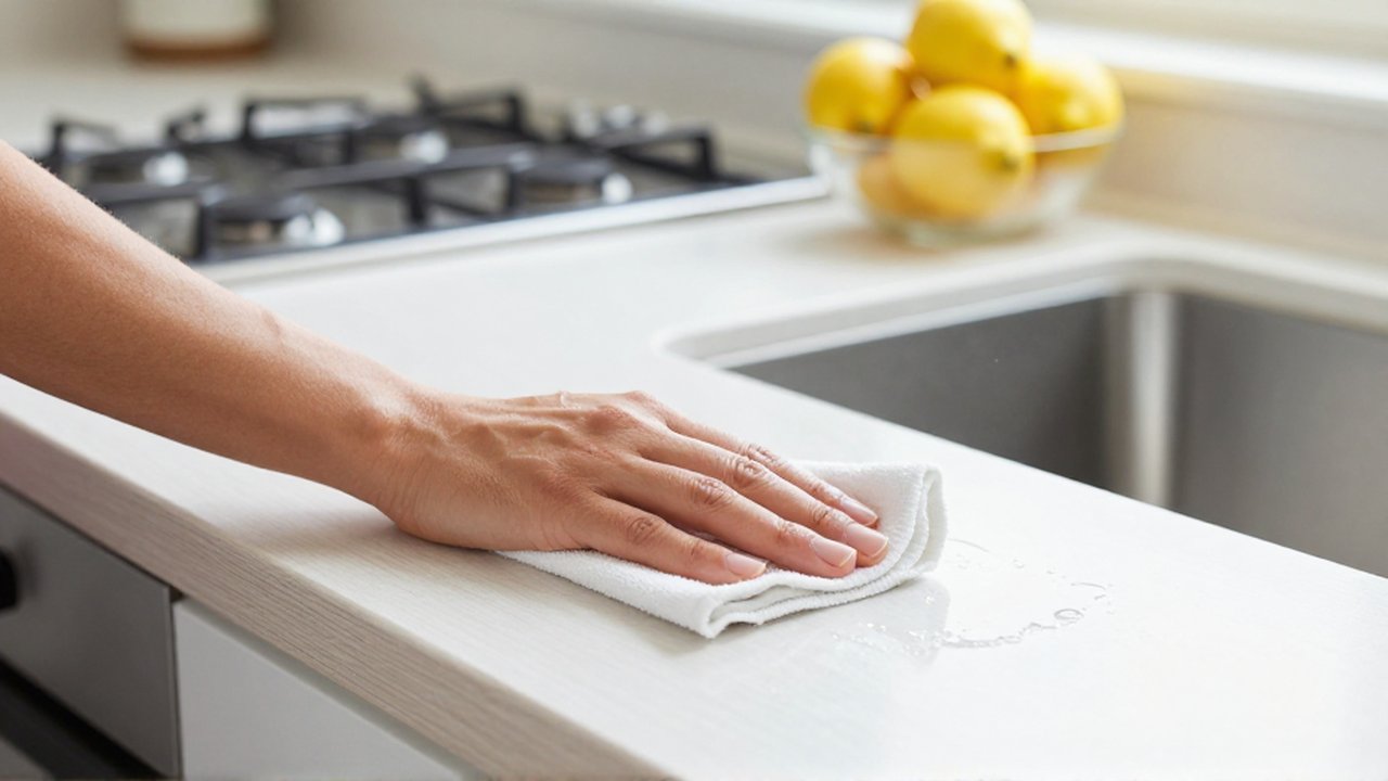 Manos limpiando cuidadosamente una encimera de cocina brillante con un paño de microfibra.