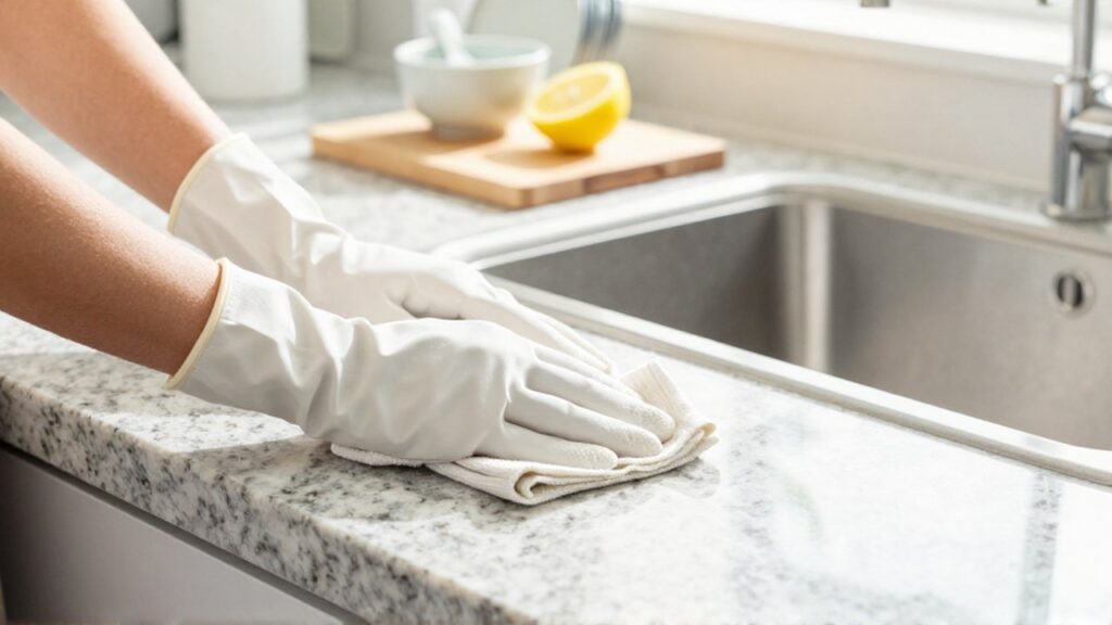 Unas manos con guantes de algodón limpian una encimera de granito en una cocina luminosa.