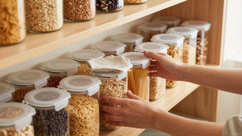Manos organizando botes de cristal con alimentos en los estantes de una despensa moderna.